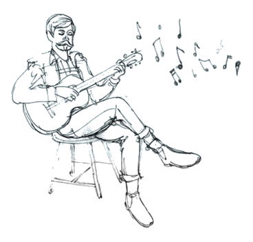 Hand-drawn illustration of Carl playing guitar
