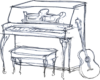 Hand-drawn illustration of a piano with a guitar leaning against it